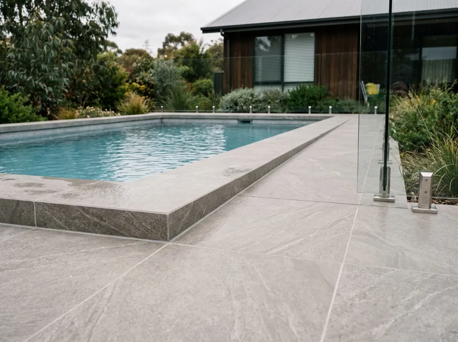 Large warm grey stone-look porcelain pool surround with square-edge coping beside a glass fence
