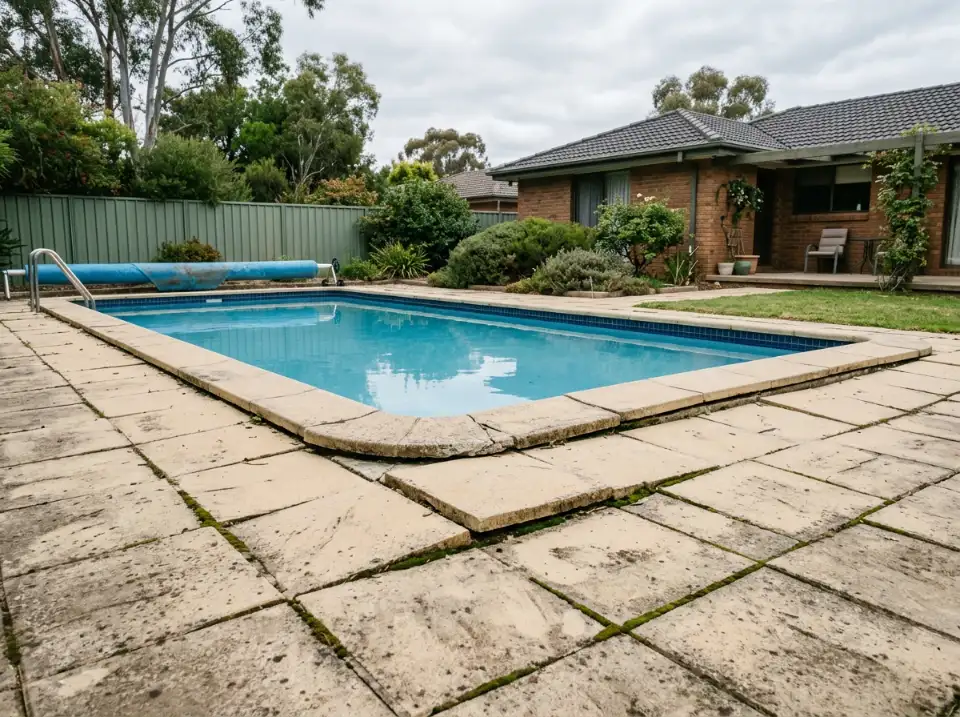 Old cream concrete pool pavers, sunken and lifted, with a loose bullnose coping piece at the pool edge