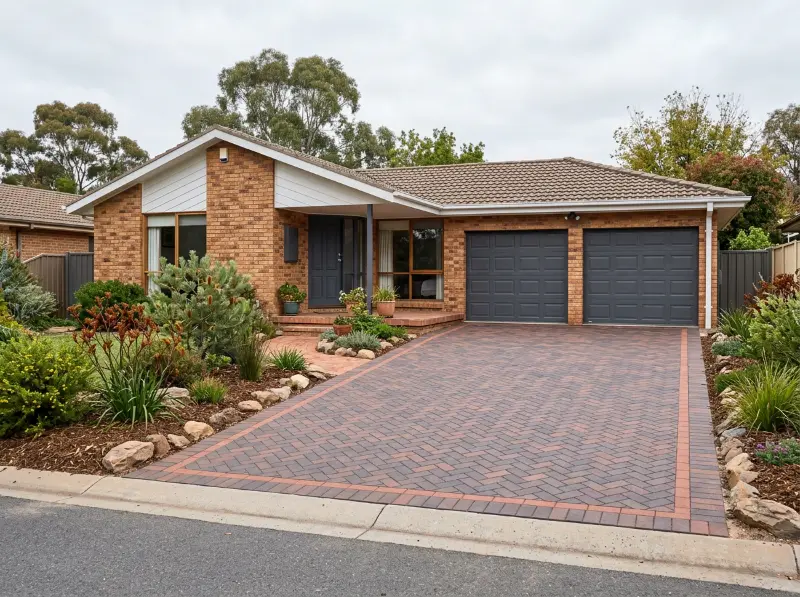 Red and charcoal clay paver driveway in herringbone with a border row at a Canberra brick home
