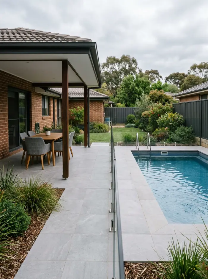 Porcelain paved alfresco with an outdoor dining table running beside a pool behind a glass fence