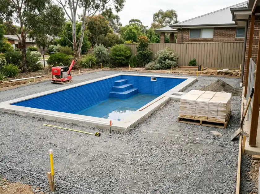Compacted crushed rock road base around a newly built pool, with string lines, a plate compactor and a pallet of pavers