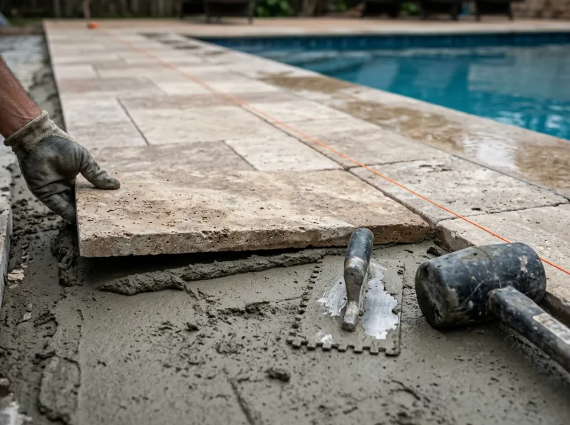 Travertine paver being set into a fresh mortar bed beside a pool