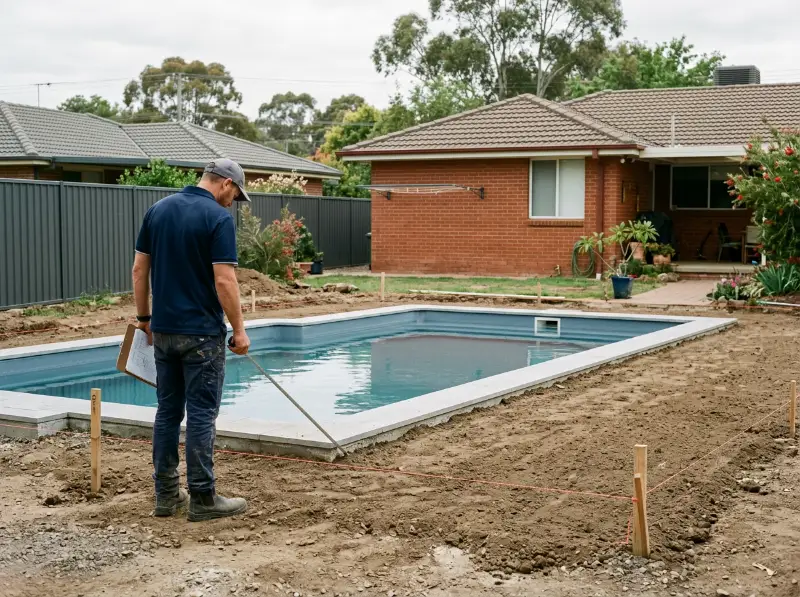 Paver measuring from a new pool edge to a timber peg with a steel tape, clipboard in hand, before preparing a quote