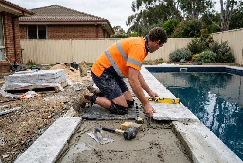 Paver kneeling at a pool edge, checking a silver travertine coping piece on its mortar bed with a spirit level