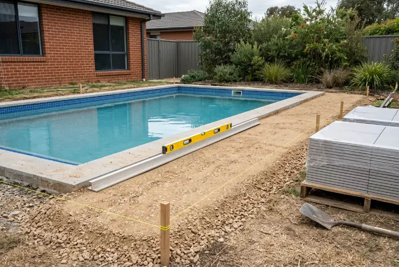 Ground around a pool set out with timber pegs, a string line, a screed rail and a level, with pavers on a pallet