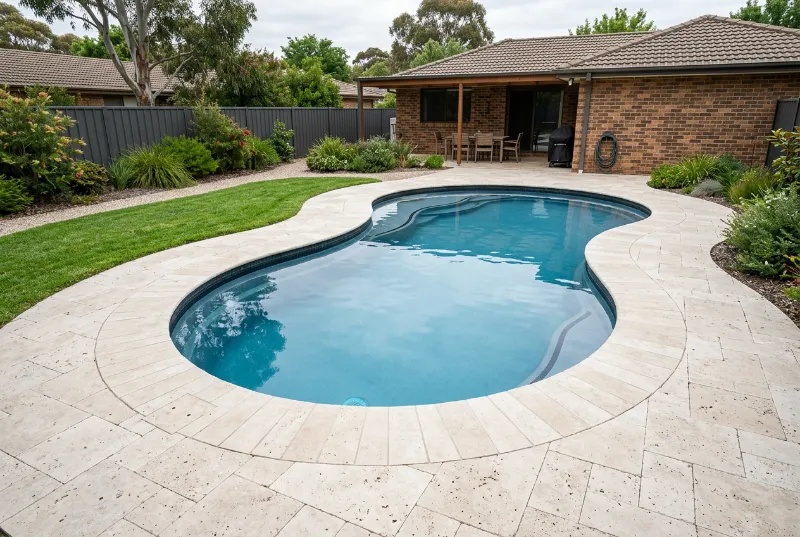 Curved pool edged with ivory travertine coping cut into short pieces to follow the curve, at a Canberra brick home