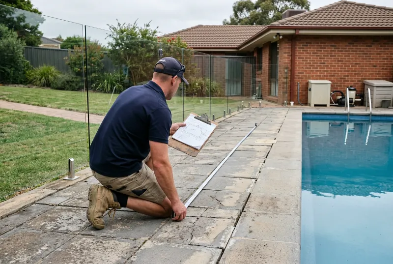Paver kneeling on an old concrete pool surround, measuring it with a steel tape and noting sizes on a clipboard sketch