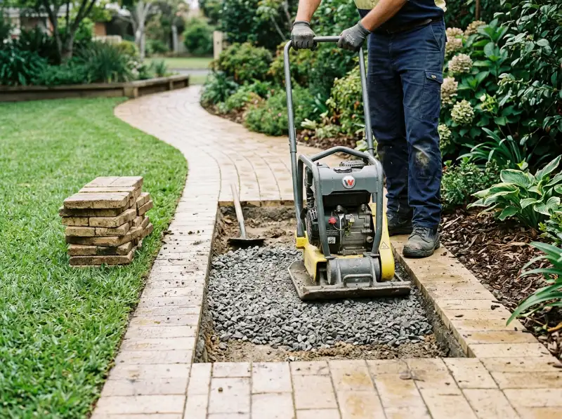 Plate compactor on fresh road base inside a cut-out in a cream clay paver garden path