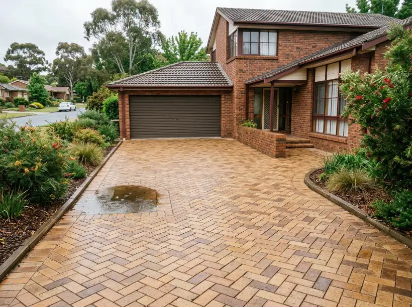 Shallow sunken dip with a puddle near the garage in a tan clay paver herringbone driveway