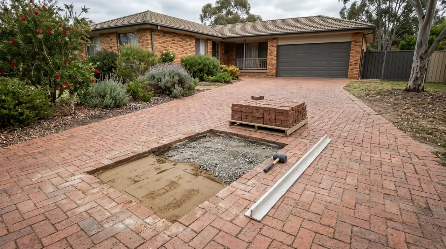 Section of a red clay herringbone driveway lifted for repair, with the pavers stacked on a pallet beside the exposed sand bed
