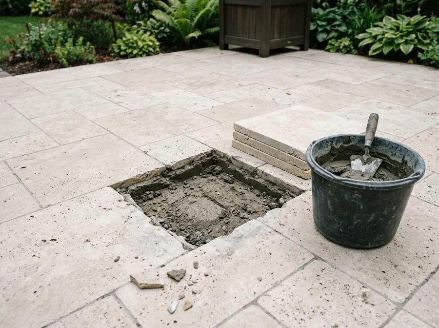 Cracked travertine paver chipped out of a patio, showing the old mortar bed, with a new paver and a bucket of mortar beside