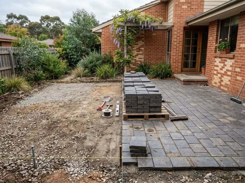 Charcoal paver courtyard half lifted, with the pavers stacked on a pallet and the road base exposed for relaying