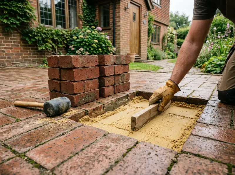 Gloved hand screeding fresh bedding sand where a few red clay pavers were lifted from a patio, with the pavers stacked beside