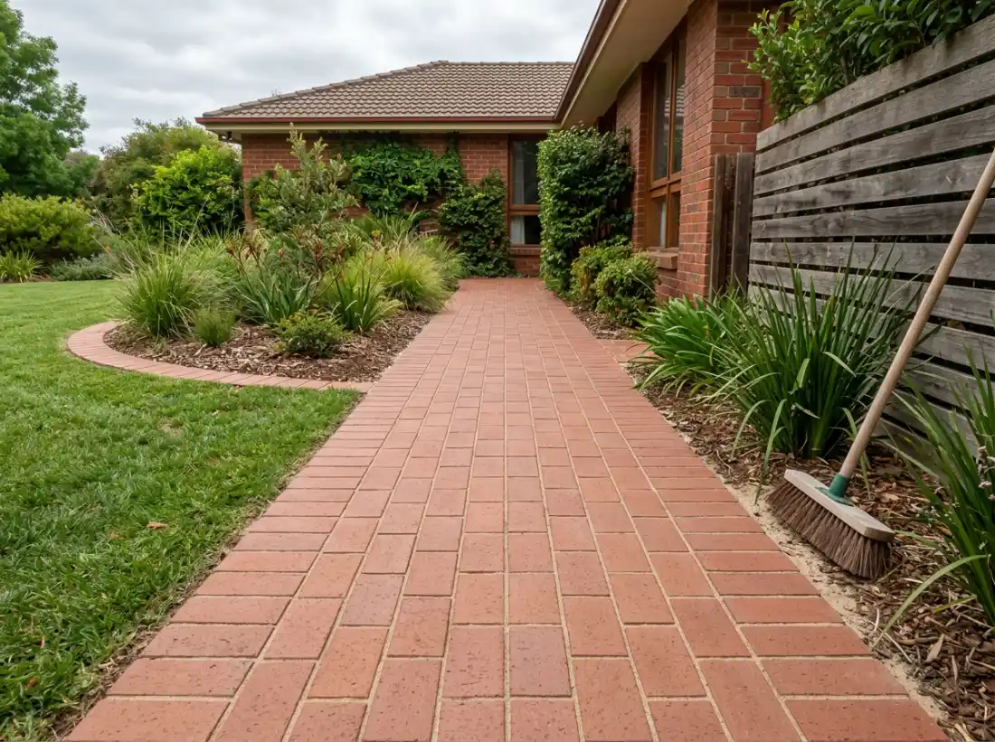 Freshly relaid red clay paver garden path beside a lawn, level with full sand joints and a firm border