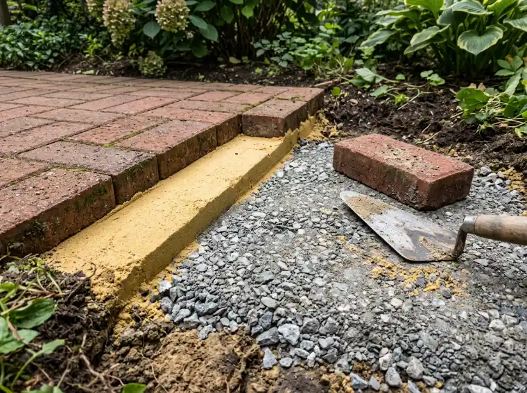 Red clay pavers lifted at a patio edge, showing the bedding sand over compacted crushed rock road base
