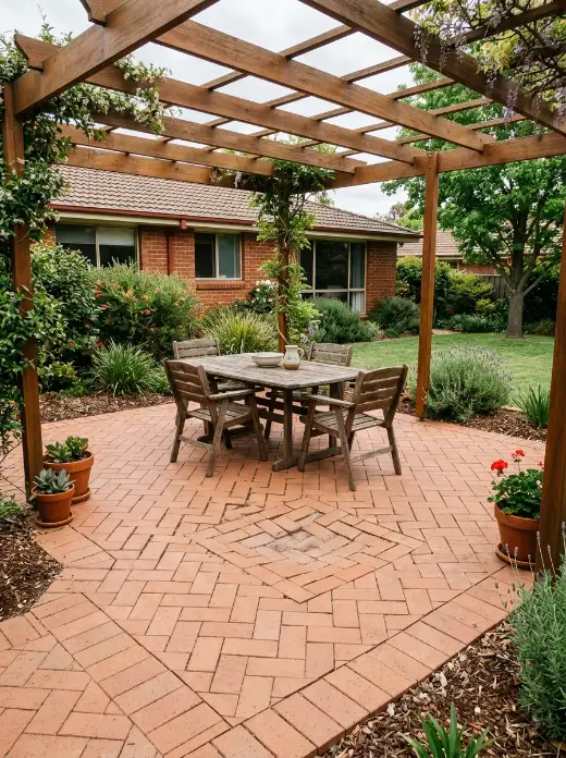 Shallow sunken patch in the middle of a terracotta clay paver entertaining area under a pergola