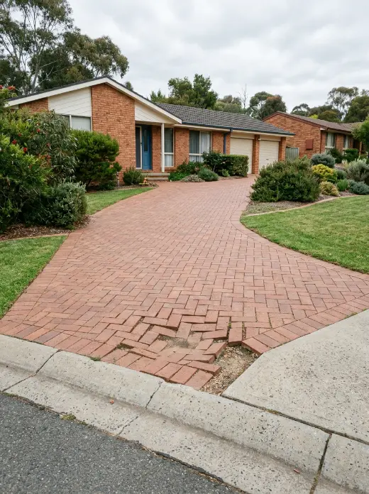 Patch of sunken red clay pavers near the kerb in a herringbone driveway
