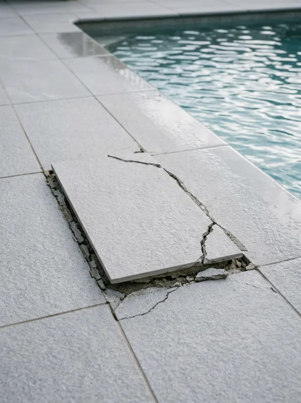 Loose porcelain paver lifting beside the coping of a pool surround, with cracked grout around it