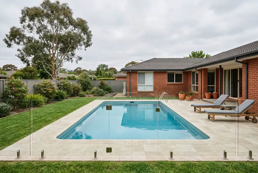 Light beige travertine pool surround with rounded coping around a rectangular pool behind a glass fence at a Canberra brick home