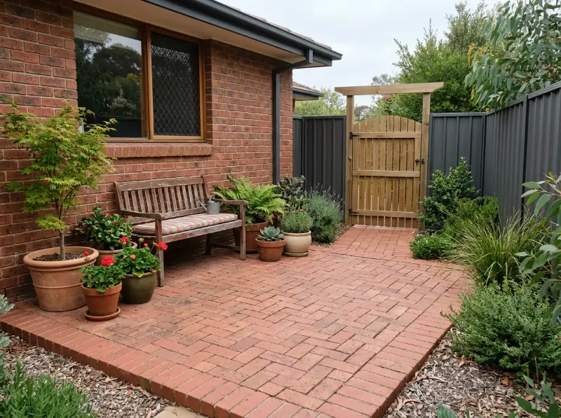 Red clay paver courtyard beside a brick home with a timber bench, potted plants and a side gate