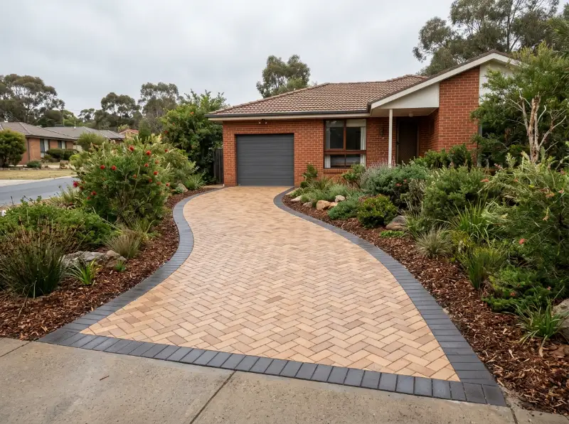 Sand-coloured clay paver driveway in herringbone with a charcoal border, curving to a single garage
