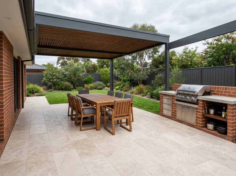 Ivory travertine patio under a pergola with a timber dining table and a brick barbecue bench