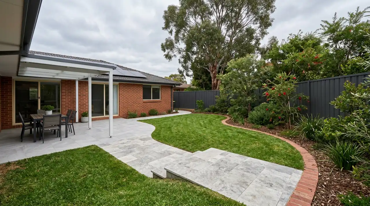 Canberra backyard with a porcelain alfresco, a silver travertine path and steps, and a clay paver garden edge