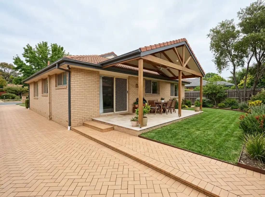 Tan clay paver driveway in herringbone running along the side of a brick home to a step and a paved patio under a pergola