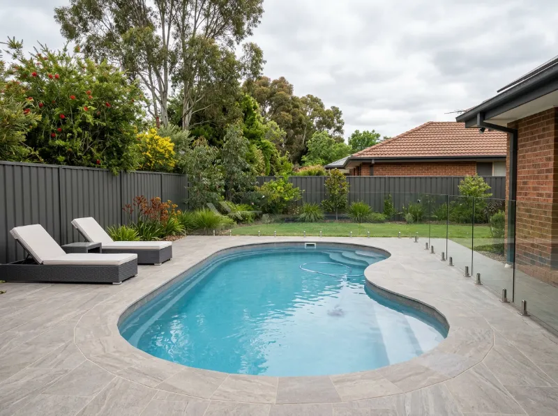 Grey stone-look porcelain surround and coping around a kidney-shaped pool with two sun loungers