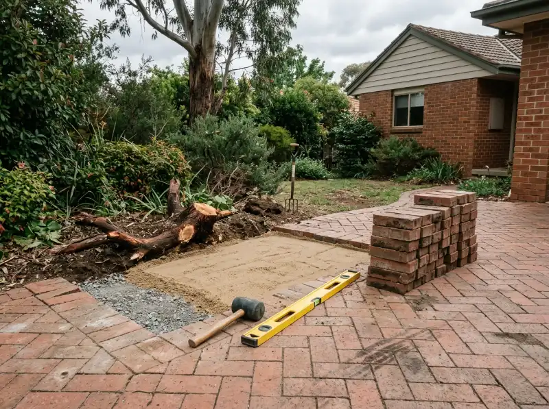 Section of clay driveway pavers lifted beside a cut-back tree root, with the base screeded and the pavers stacked to relay