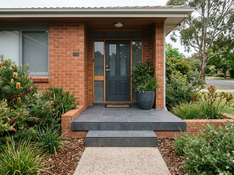 Charcoal porcelain tiled front porch and step at a brick home with native plants either side