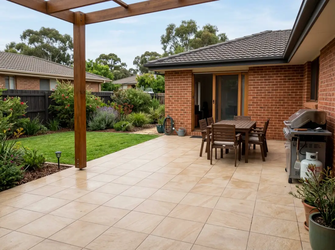 Beige porcelain tiled alfresco area behind a brick home with an outdoor dining table and barbecue