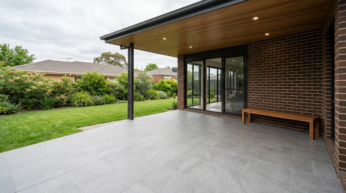 Covered patio at a Canberra brick home paved in large light grey porcelain tiles with straight, even grout joints