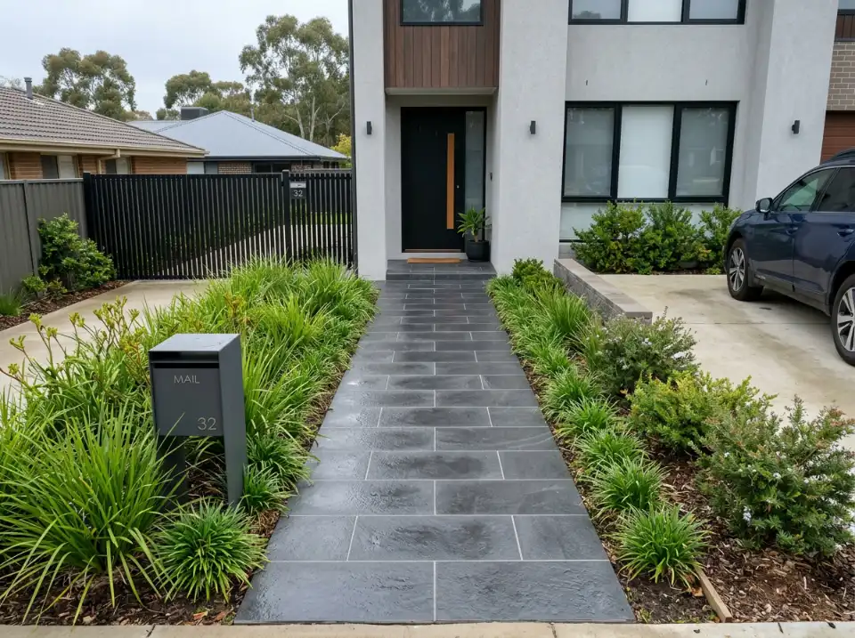 Charcoal porcelain paver path running from the front gate to the door of a contemporary Canberra home