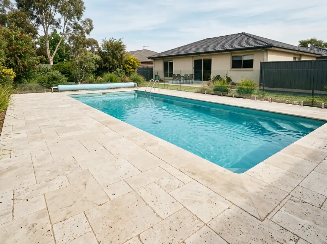Ivory tumbled travertine pavers around a backyard pool in Canberra, with matching coping along the water's edge