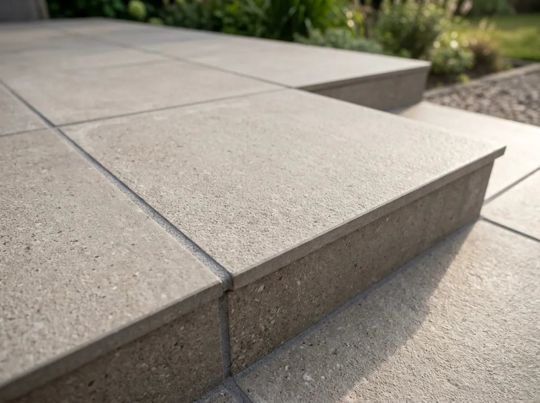 Close-up of 20 mm thick greige porcelain pavers with a fine grip texture and narrow even joints