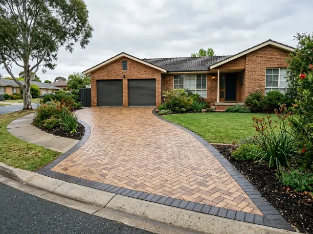 Tan and brown clay paver driveway in herringbone with a charcoal edge leading to a double garage