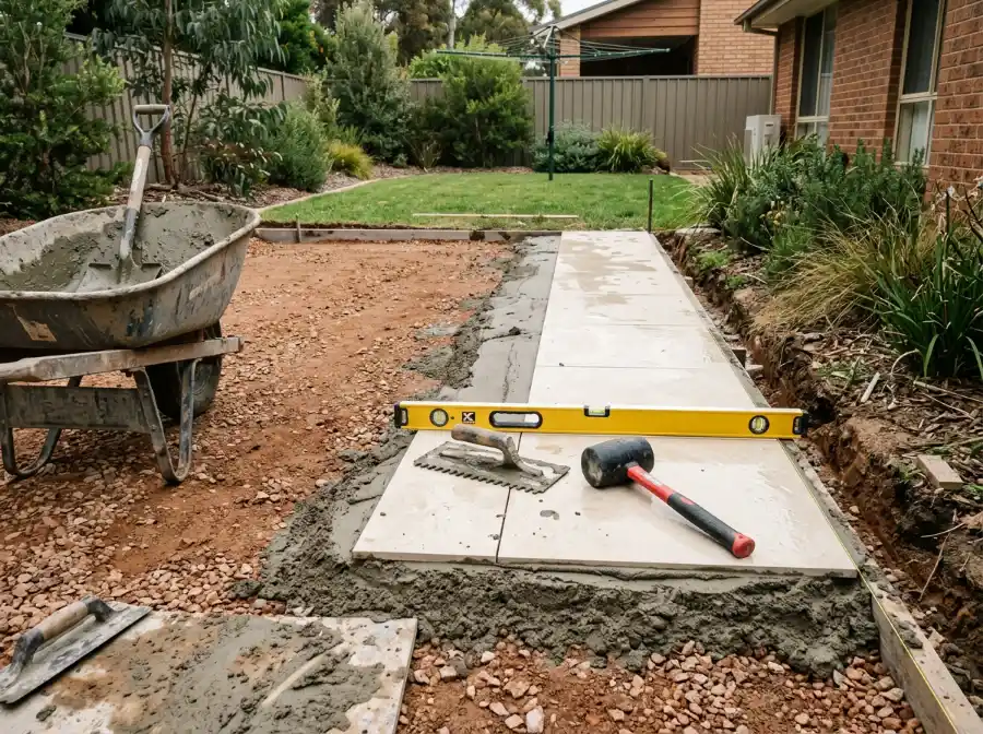 Cream porcelain pavers being bedded in mortar over compacted road base, with a level, trowel and rubber mallet on the laid pavers