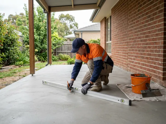Tradesman checking a bare concrete slab with a long spirit level and marking a low spot before tiling under an alfresco roof