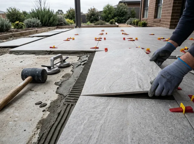 Large grey porcelain tiles laid on mortar with levelling clips in the joints