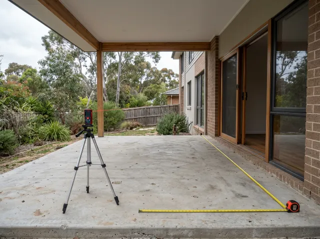 Laser measure on a tripod and a tape measure across a bare alfresco slab