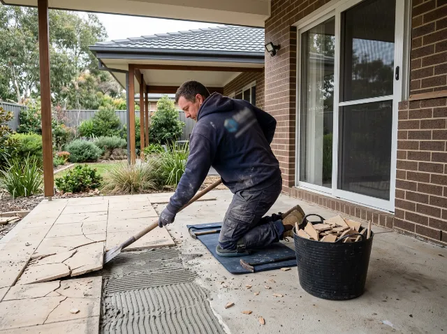 Tradesman lifting old cracked patio tiles off a concrete slab with a floor scraper under an alfresco roof, broken pieces in a bucket