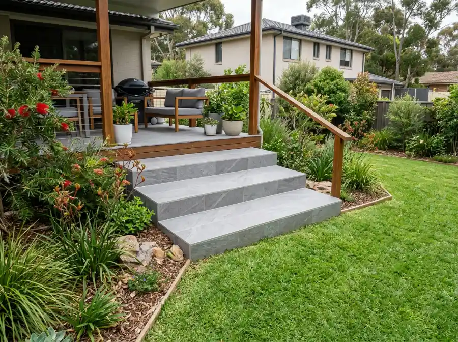 Three wide outdoor steps clad in grey stone-look porcelain, leading from a rear patio down to the lawn