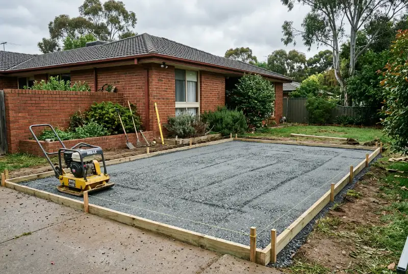 Compacted road base inside timber formwork beside a Canberra home, ready for outdoor tiles