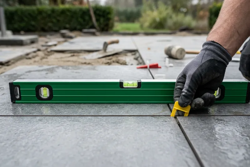 Spirit level resting across two grey porcelain outdoor tiles with an even grout joint
