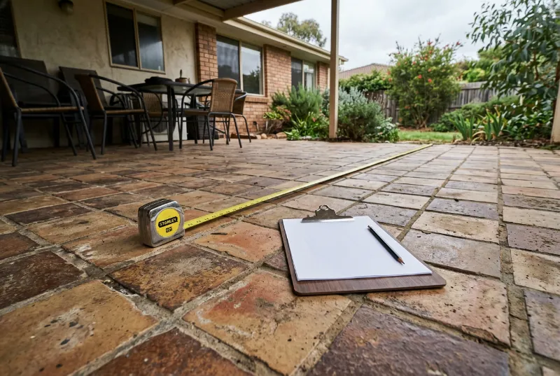 Tape measure and clipboard on an old tiled alfresco patio being measured for new tiles