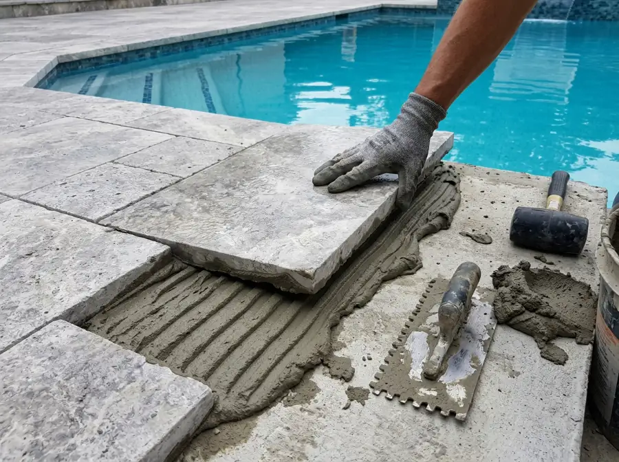 Travertine paver being bedded into mortar on a slab beside a pool
